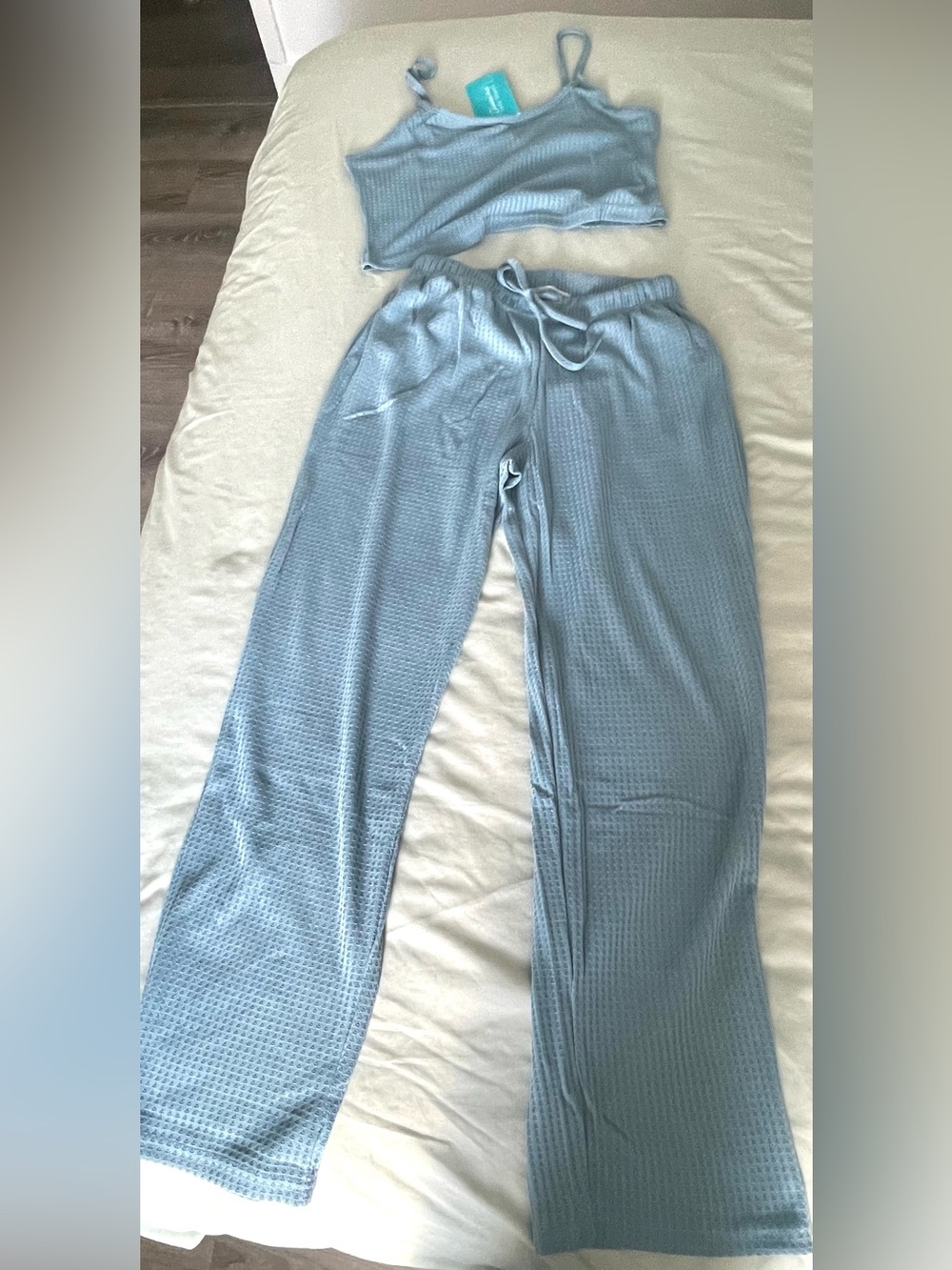 Alexandra Light Blue Waffle Knit Lounge Set - Tank & Drawstring Pants